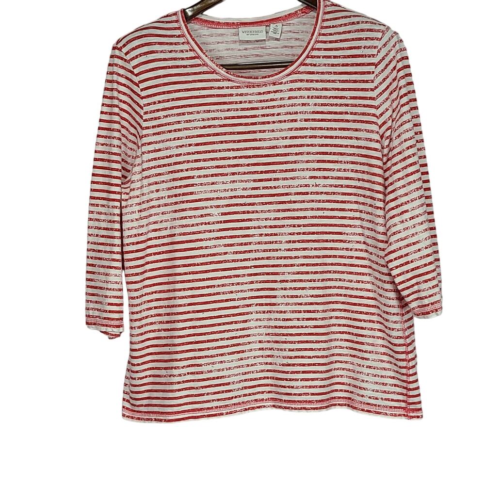 Weekends by Chicos 3/4 Sleeve Red & White Stripe T-Shirt w Studs SZ 3 / XL 16